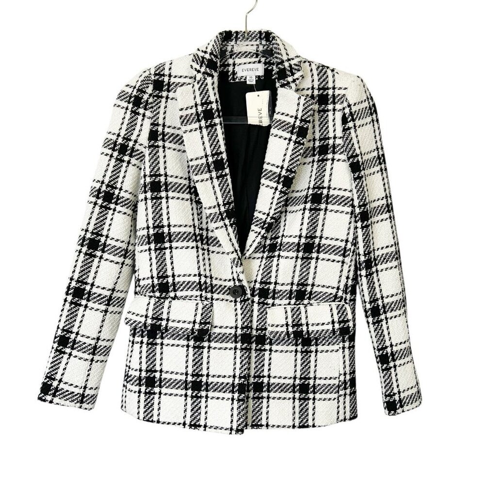 NEW Evereve Kennedy Blazer Jacket‎ Women’s Size XS Black Ivory Plaid Tweed
